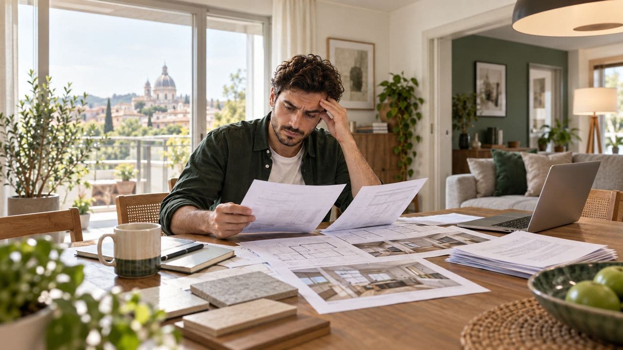 Un uomo al tavolo di casa legge i preventivi ricevuti.