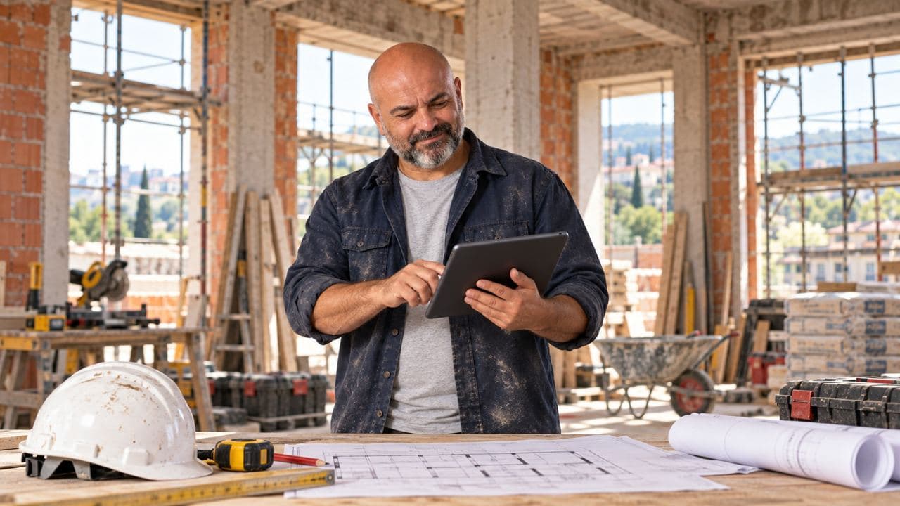 Un impresario in cantiere prepara un preventivo sul tablet.